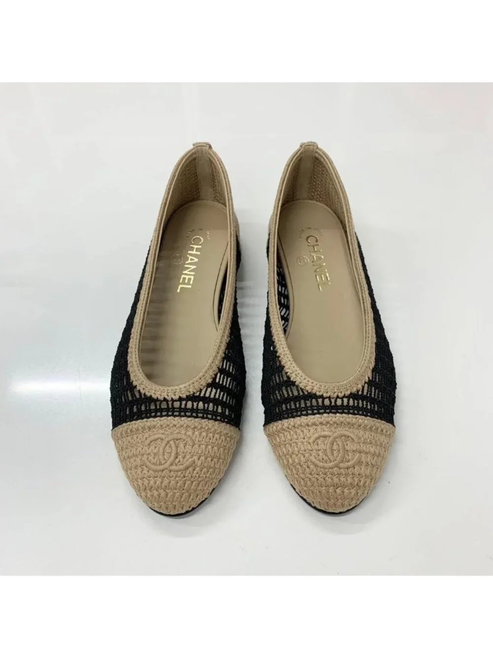 Chanel Ballerina CC Logo Raffia Ballet Shoes Beige